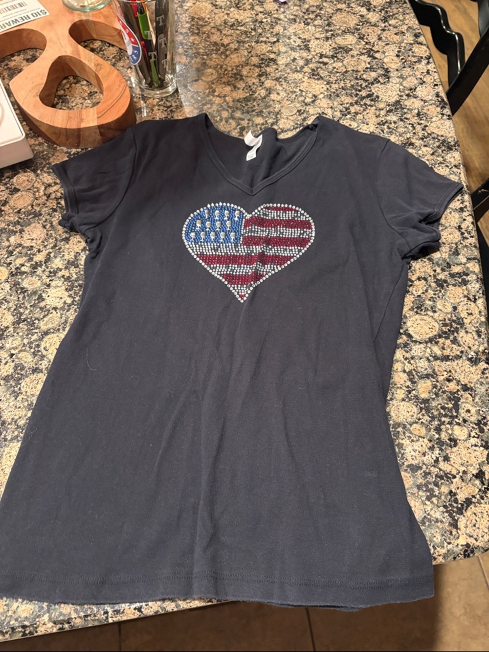 Black V-Neck Tee with Rhinestone American Flag Heart
